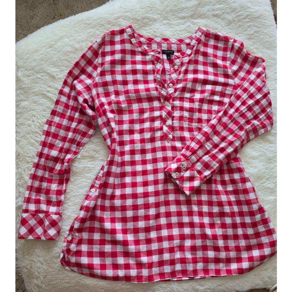 Women's Talbots Red White Gingham Long Sleeve Tunic Top L
